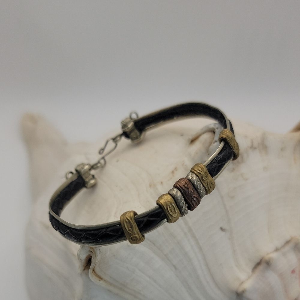 Artisan-Made Leather Bracelet with Sterling Silver and Brass Accents Length 7.5"